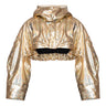 Gold holographic hooded jacket with gathered neckline details and elastic cropped hem