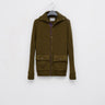 Olive mohair cardigan with button front, hooded collar, and two patch pockets