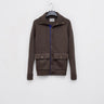 Dark gray cardigan with button front, shawl collar, contrast blue placket, patch pockets