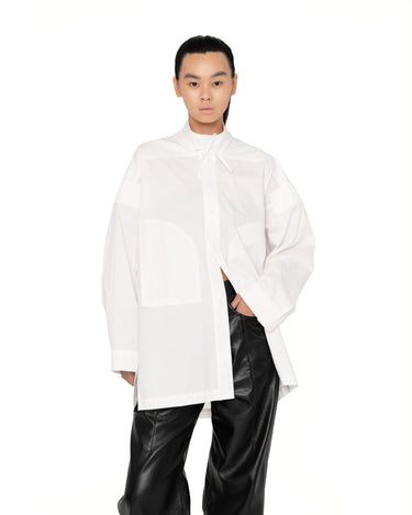Milky white button-up shirt with stand collar, long sleeves, chest pocket details