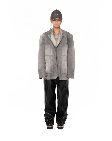 Men's gray faded denim jacket with button front and two chest flap pockets