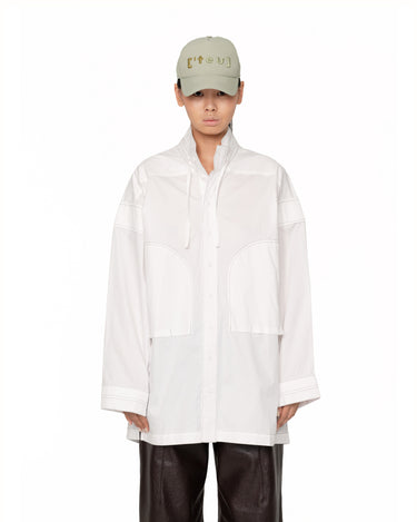 Milky white boys long button-up shirt with stand collar and chest flap pockets