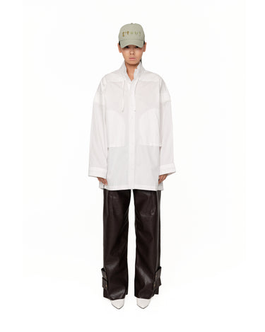 Milky white boys button-front shirt with stand collar and chest flap pockets, 3/4 sleeves