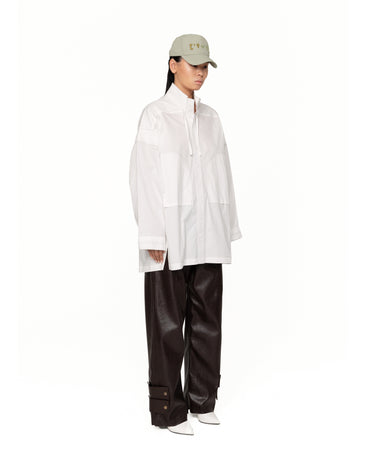 Milky white boys overshirt with stand collar, button placket, and chest flap pockets