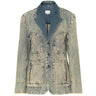 Washed blue denim jacket back view with flap pockets and button placket