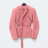 Pink denim jacket with belted waist, zip pockets, and frayed hem cuffs