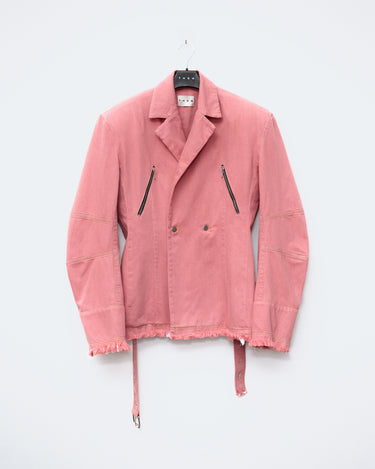 Pink denim jacket with belted waist ties, zip pockets, double button front, frayed hem