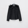 Black button-up shirt with petal ruffle shoulders and pointed collar, long sleeves