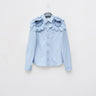 Light blue button-up shirt with layered petal ruffle shoulders, long sleeves
