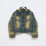 Faded denim jacket with hood, button front, and multiple flap patch pockets
