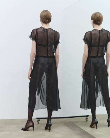 Black sheer dress with cap sleeves and back yoke, waist tie detail