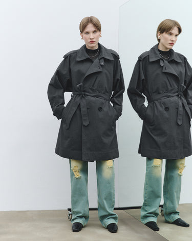 Textured trench coat, belted waist, buttoned front, standing collar, flap pockets