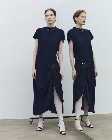 Navy fluid midi dress with tie detail and side slit, short cap sleeves, front view