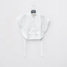 White modular tuxedo vest shirt with a button front, curved hem, and long hanging ties