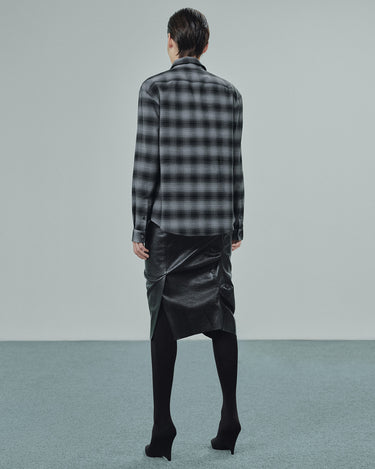 Grey plaid button-up shirt, back view