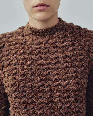 Brown cable-knit sweater with chunky cable texture and ribbed crew neckline