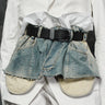 White apron with denim-look blue short overlay and black belt, frayed hem