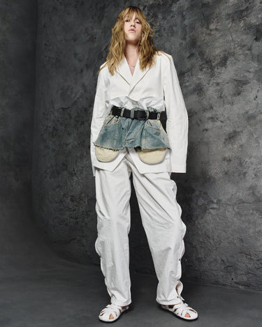 Denim illusion apron: white top with blue frayed short overlay and black waist belt