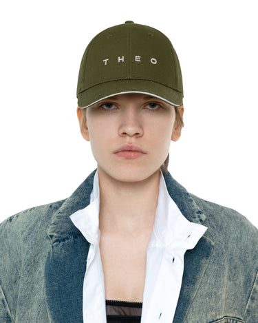 Khaki THEO baseball cap with front logo, close-up