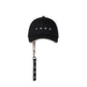 Black baseball cap with THEO logo and hanging keychain with clip