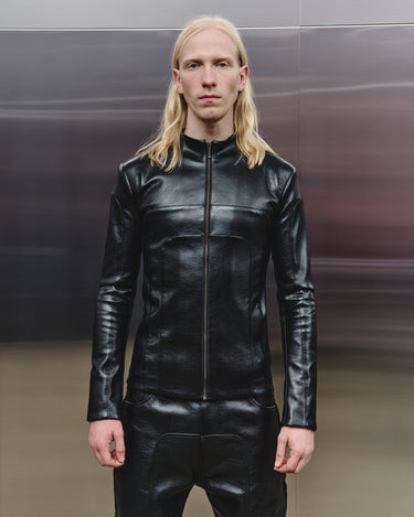 Men's black leather-look jacket with center front zipper and stand collar