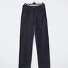 Navy six-pocket denim jeans with straight legs, hanging front view