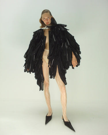 CORVUS wing coat, black layered feather-like panels and open front, long sleeves