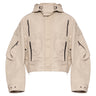 Beige hooded jacket with snap front, two chest flap pockets, and adjustable waist drawcords