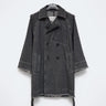 Gray denim trench coat with double-breasted buttons, notched collar, and front flap pockets