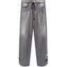 Distressed baggy jeans, light gray denim with front drawstring tie and patchy knee rips