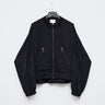 Black balloon bomber jacket with front zipper and snap pockets