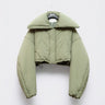 Light green puffer jacket with turn-down collar, front zip, cropped fit