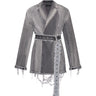Gray distressed jacket dress with notched collar, button front, and tied waist belt