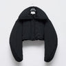 Black cropped puffer winter jacket with turn-down collar and snap front