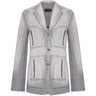 Men's gray faded denim jacket with button front, notch lapels, and zippered flap pockets