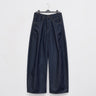 Dark navy denim wide-leg jeans, flat lay with belt loops and side pockets