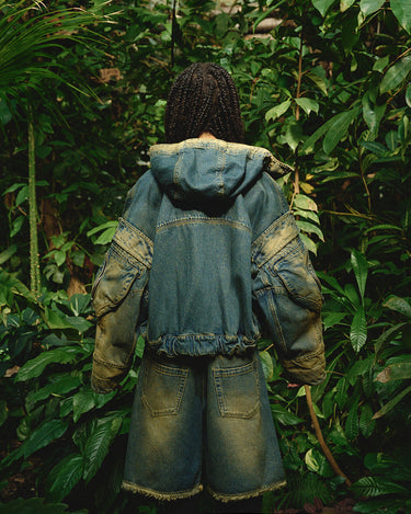 Faded denim hooded jacket with back yoke and patch pockets