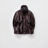 Cropped hooded eco-leather cape jacket, dark brown with snap front and gathered cuffs