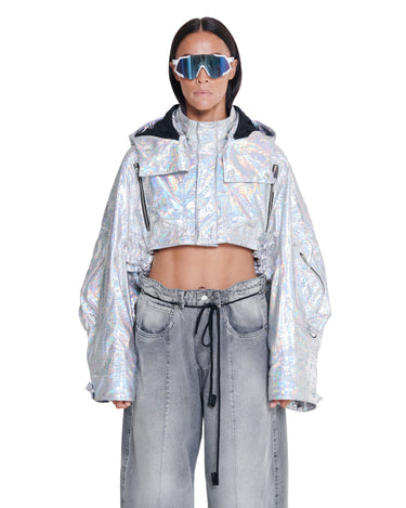 Silver holographic hooded cropped jacket with high collar and front pockets