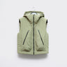 Light green hooded puffer vest with full-length zipper and two front zip pockets.