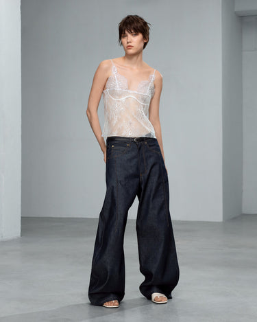 Dark navy wide-leg jeans with high waist and front pocket openings