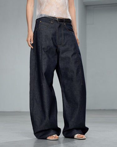 Dark navy high-waist wide-leg jeans with crease details and front pocket stitching