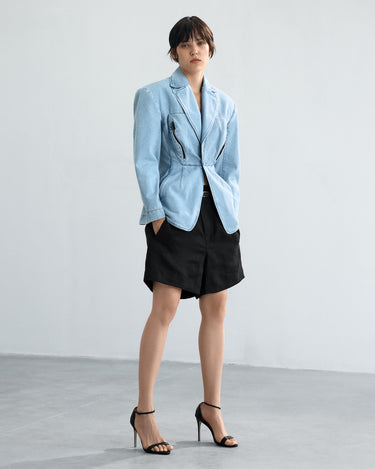 Light blue denim jacket dress with long sleeves and belted waist