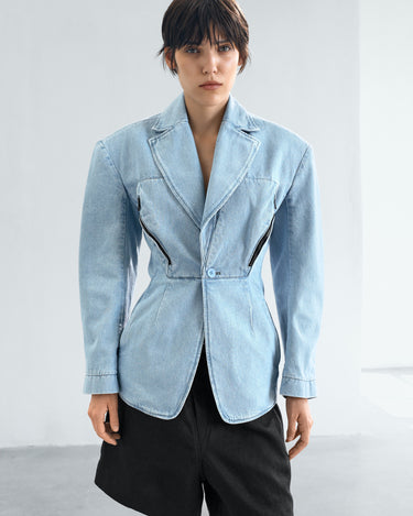 Light blue denim jacket dress front view with notch lapels and button closure
