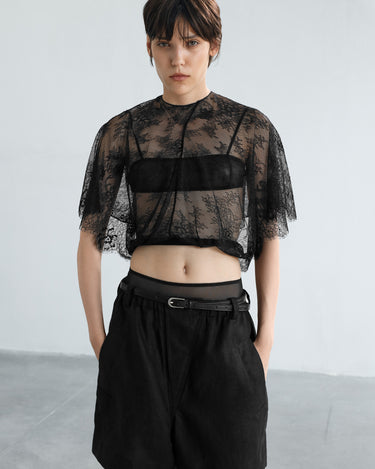 Black sheer lace crop blouse with short sleeves and straight band yoke