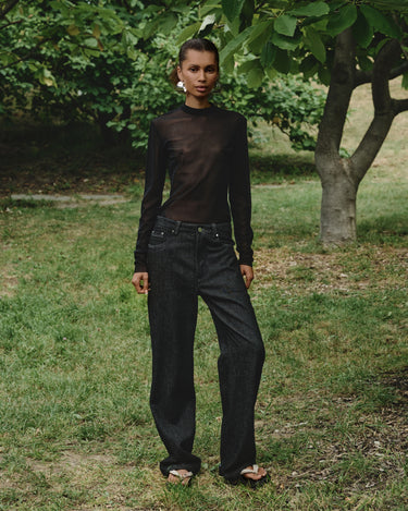 Dark sheer mesh turtleneck top with long sleeves, full-body view