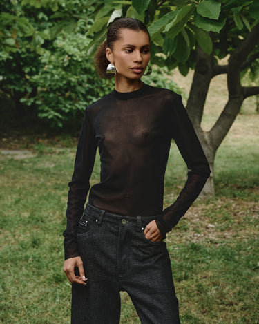 Dark sheer mesh long-sleeve turtleneck top with high collar