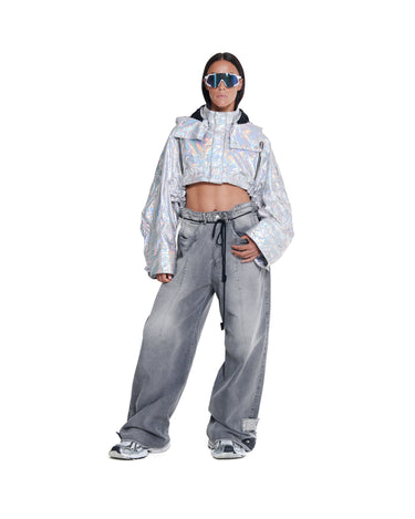 Silver holographic cropped hooded jacket with roomy sleeves and front flap pockets