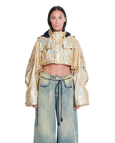 Gold holographic cropped jacket with hood, flap pockets, and elastic cropped hem