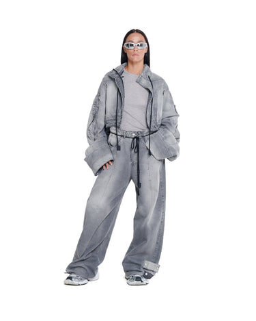 Distressed cropped gray denim jacket with point collar, ruched front, oversized sleeves